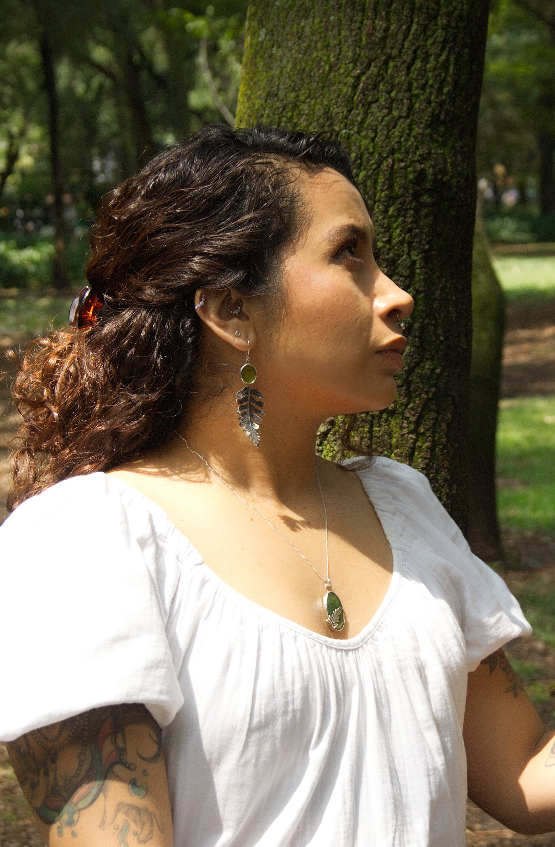 Aretes Helecho - Plata Esterlina con Nefrita (Jade Canadiense)
